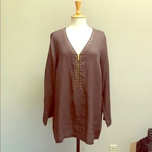Brown linen v-neck tunic top gold studs zippers MK